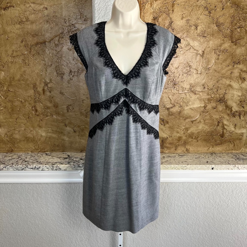 Rebecca Taylor Sheath Pencil Mini Dress Womens 8 Cap Sleeve Lace Gray Black